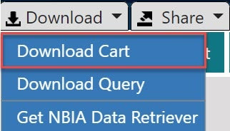 Download menu opened to show Download Cart, Download Query, and Get NBIA Data Retriever. The Download Cart option has a red rectangle around it to highlight it.