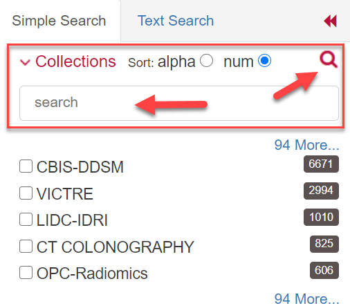 Collections filter highlighting the search box and magnifying glass