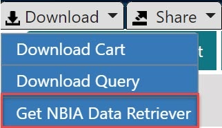 Download menu opened to show Download Cart, Download Query, and Get NBIA Data Retriever. The Get NBIA Data Retriever option is surrounded by a red rectangle to highlight it.