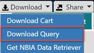 Download menu opened to show Download Cart, Download Query, and Get NBIA Data Retriever. The Download Query option is surrounded by a red rectangle to highlight it.