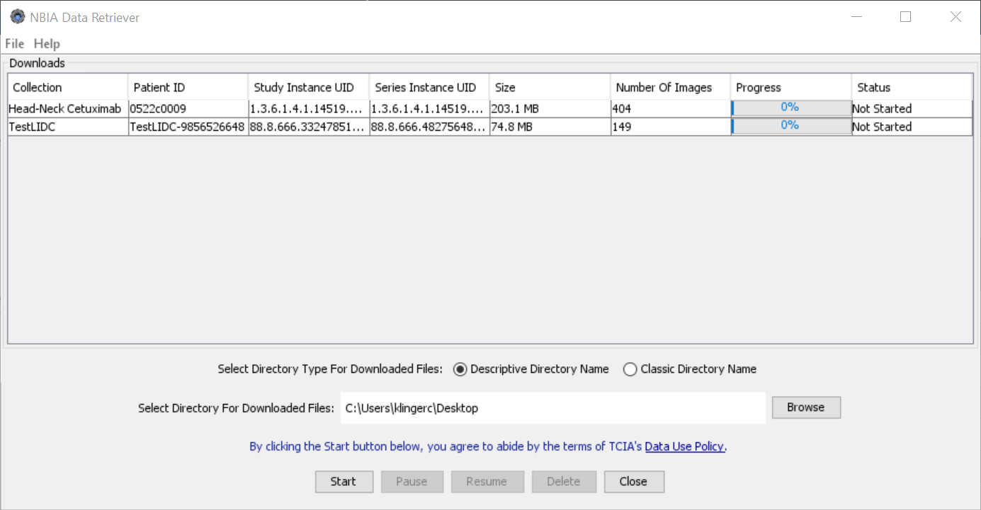 NBIA Data Retriever with two collections listed in the Downloads table.