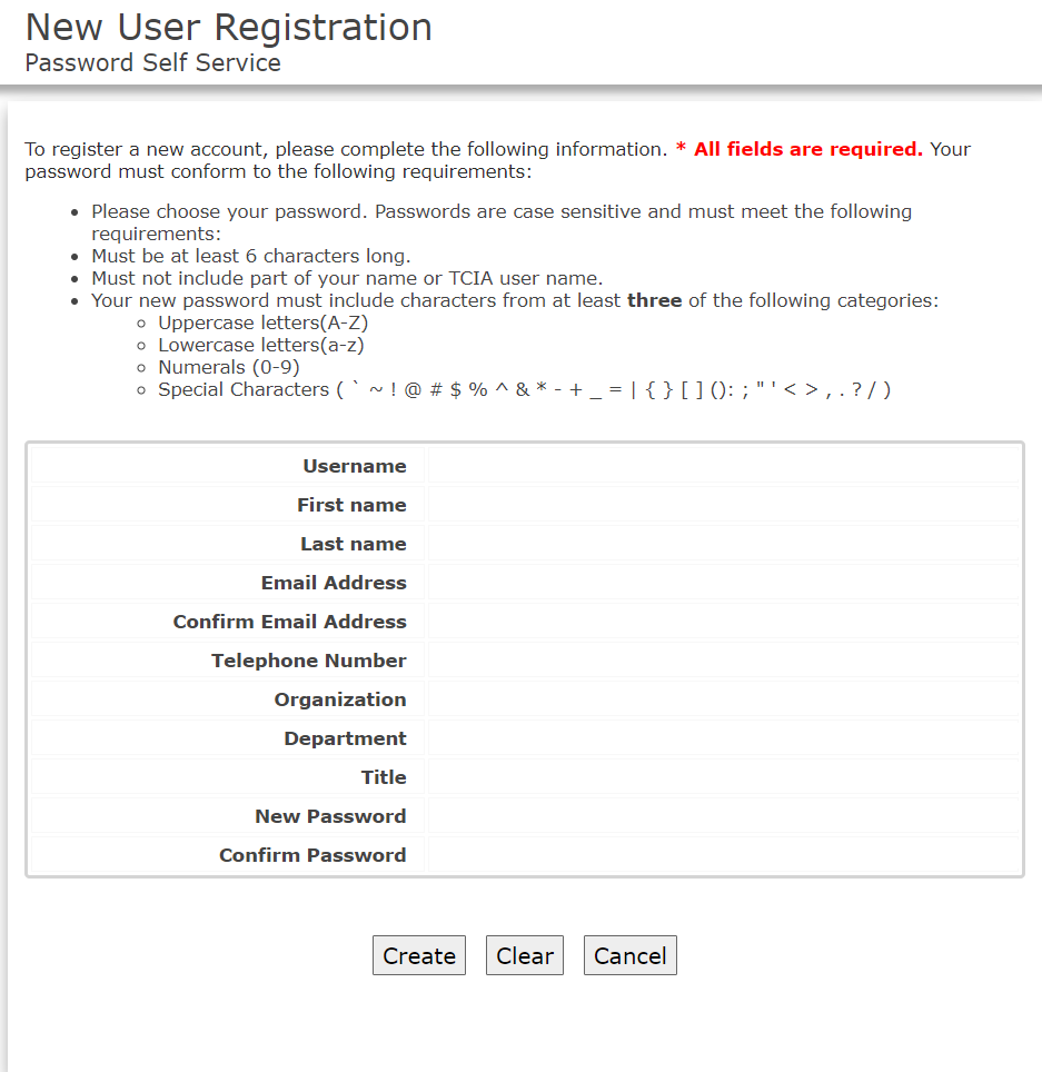 New User Registration Password Self Service dialog box