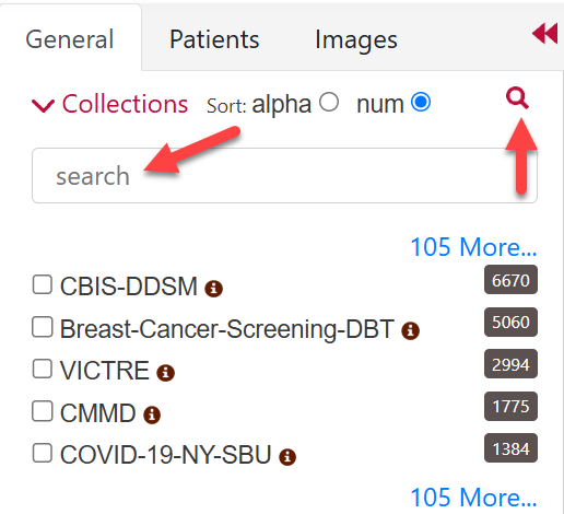 Collections filter highlighting the search box and magnifying glass
