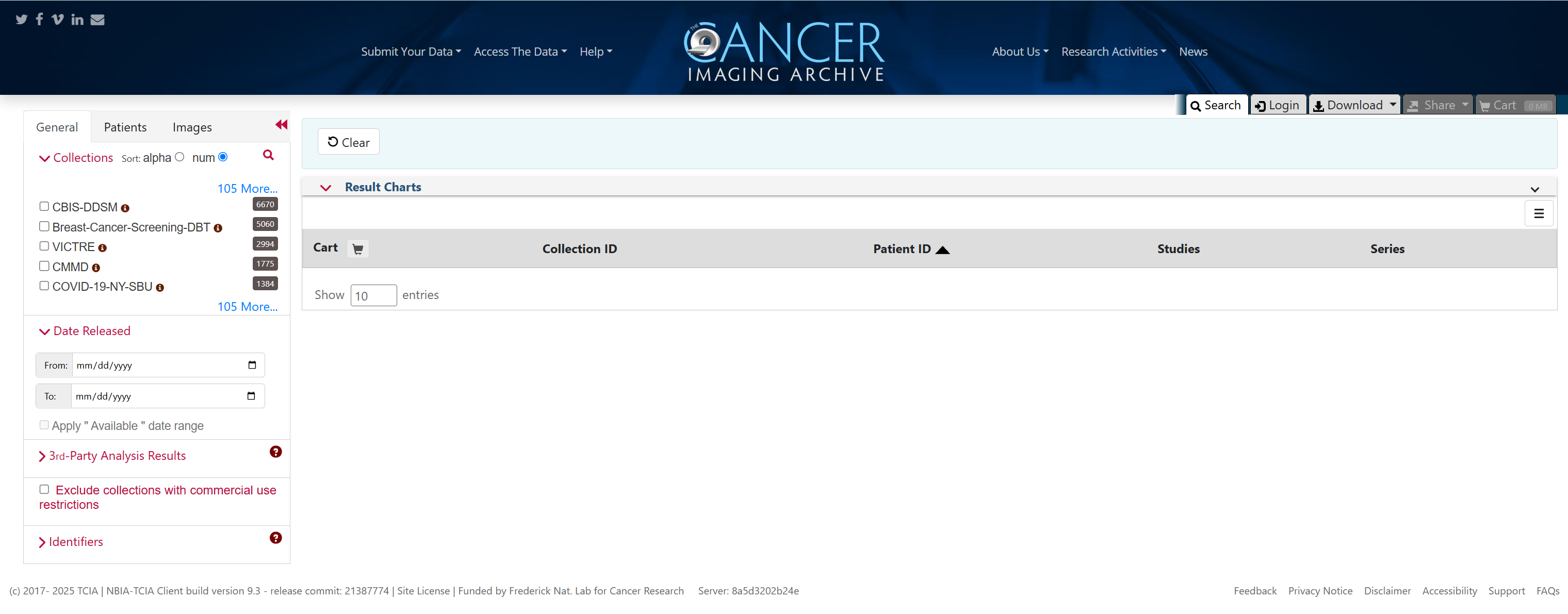 TCIA Radiology Portal home page showing the Search tab and search filters