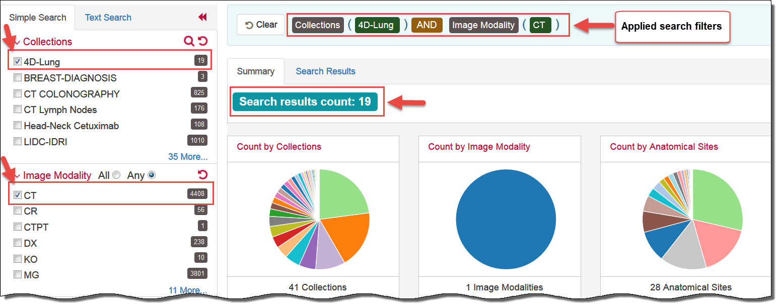Simple Search tab showing selections and summary of search results