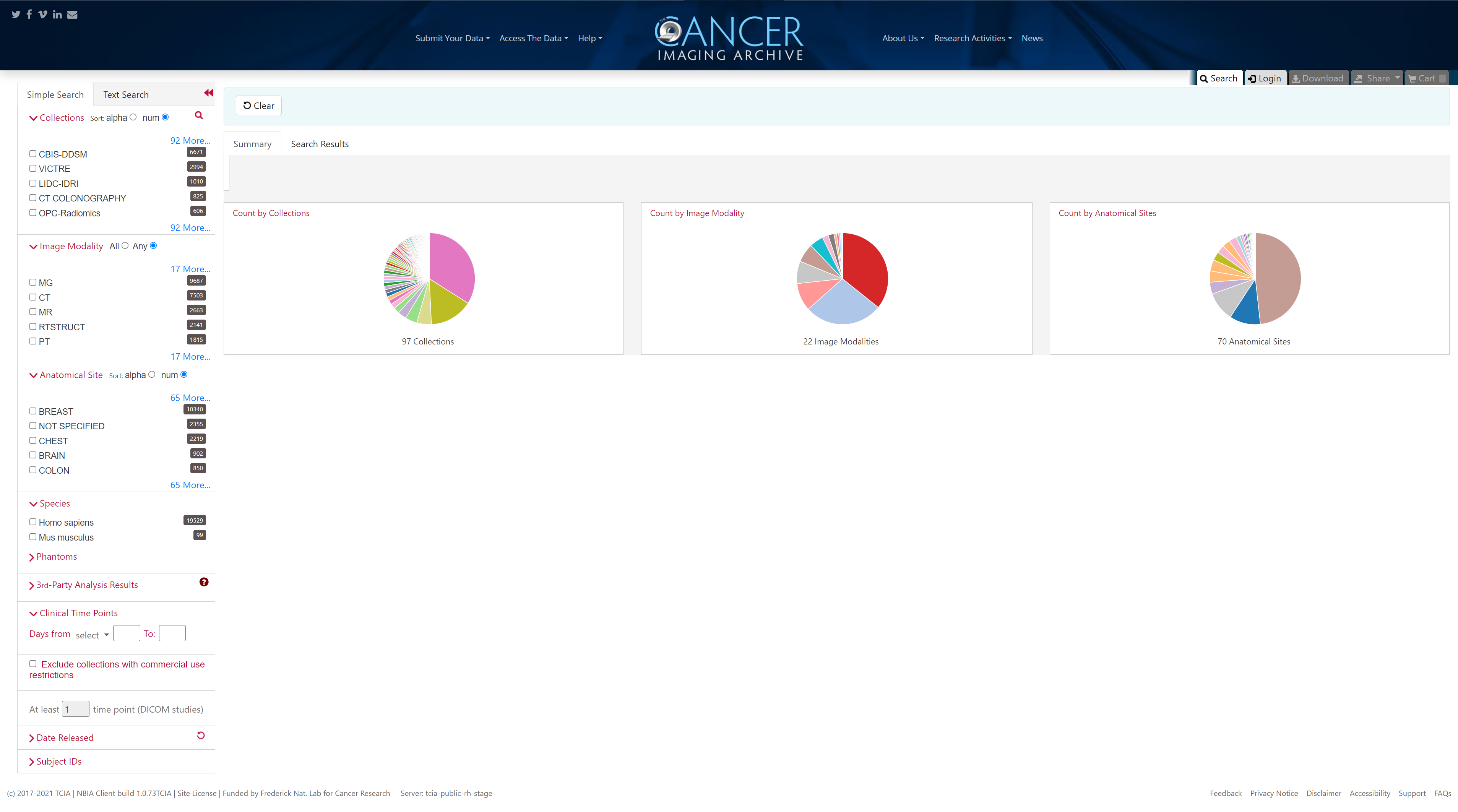 TCIA Simple Search page with Simple Search options and Summary tab visible