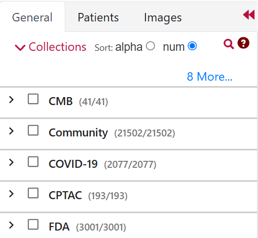List of programs that include multiple collections. A checkbox is next to the program name. Programs are CMB, Community, COVID-19, CPTAC, and FDA.