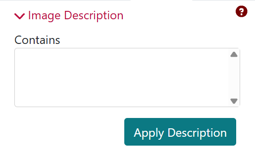 Image Description filter with a text box with the heading Contains. Apply Description button.
