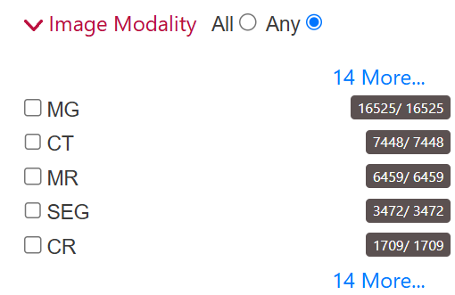 Image modality filter with All and Any radio buttons and a list of modalities including MG, CT, MR, SEG, and CR