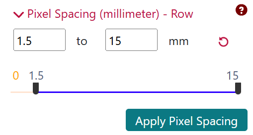 Pixel Spacing (millimeter) - Row filter showing a number slider and the Apply Pixel Spacing button