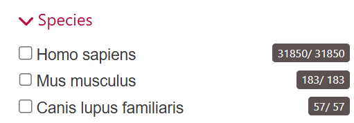 Species filter including the options of Homo sapiens, Mus musculus, and Canis lupus familiaris.