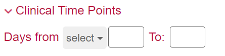 Clinical Time Points filter. Options include two date fields for from and to.