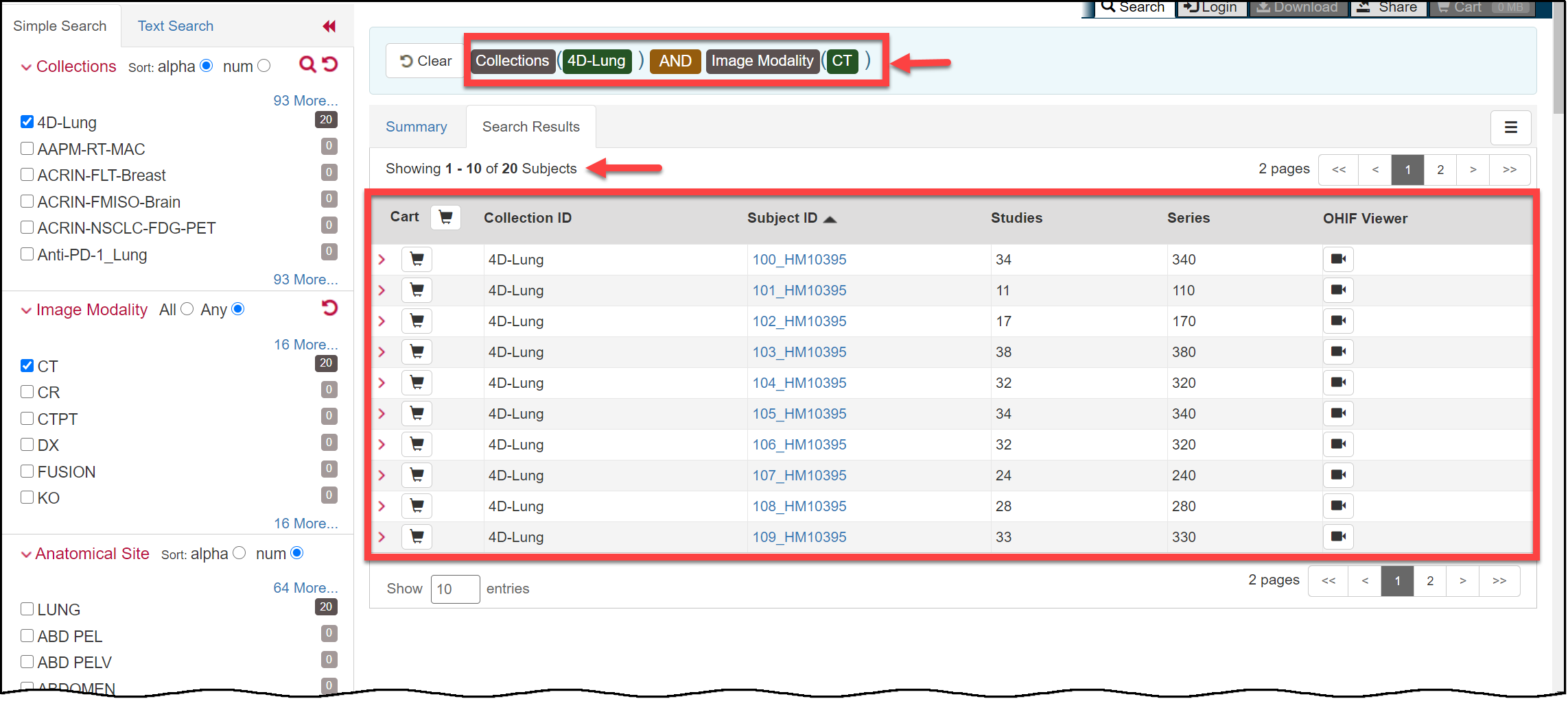 Search Results in tabular form, showing the first 10 of 20 Subjects and highlighting them as well as the search query (40-Lung plus CT)