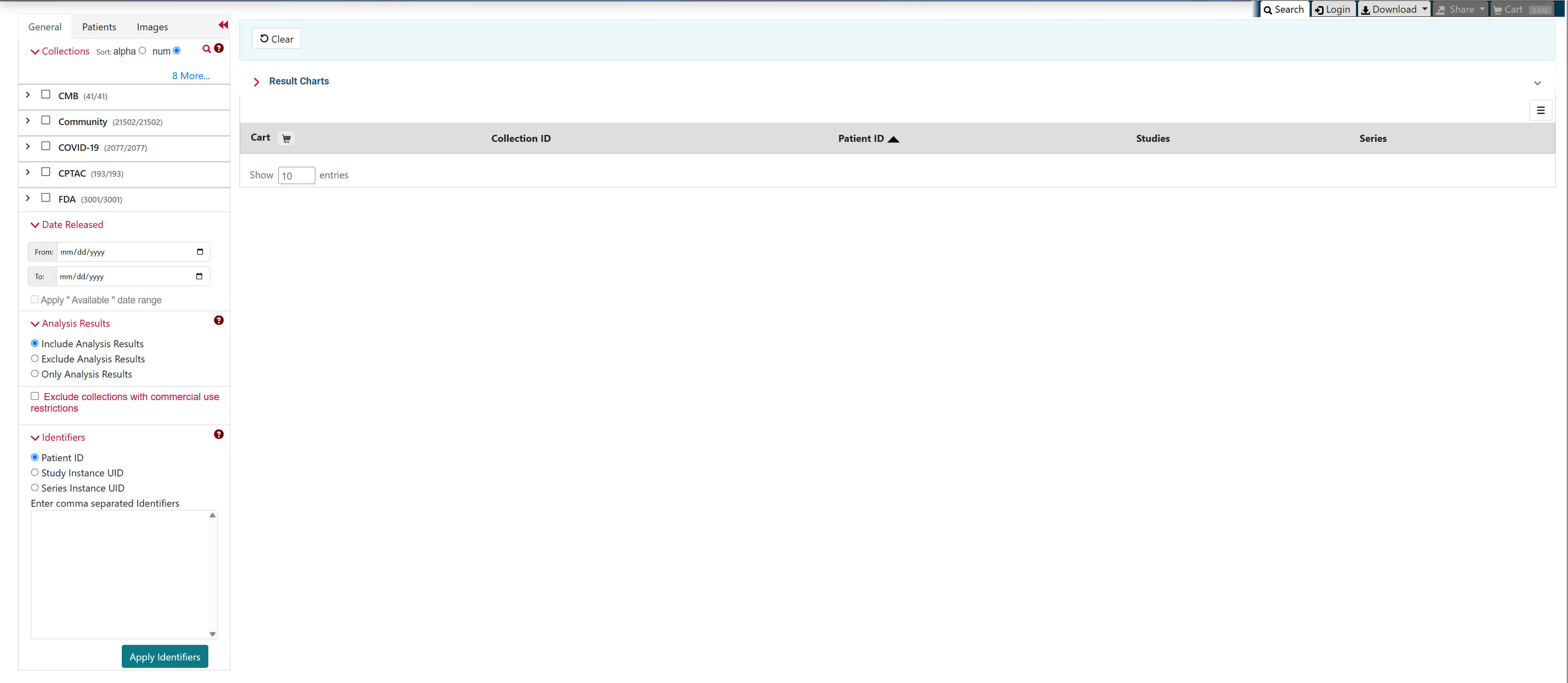 TCIA Radiology Portal home page showing the Search tab and search filters