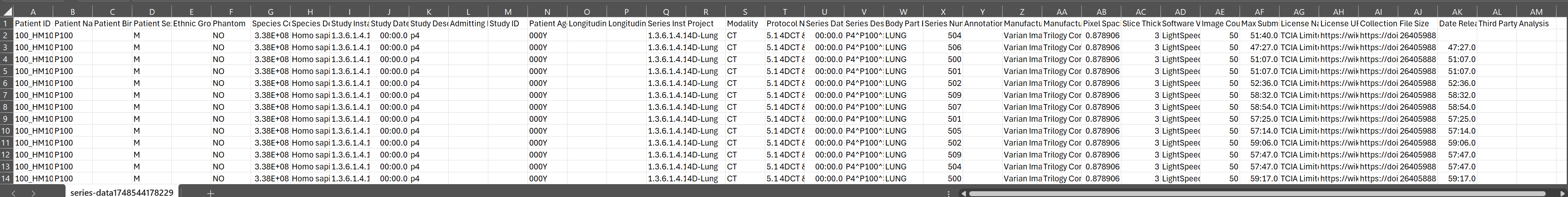 Metadata file for selected images in the 4D-Lung collection