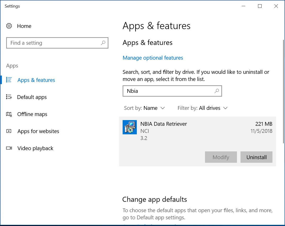 Apps and Features window of Windows 10 Settings