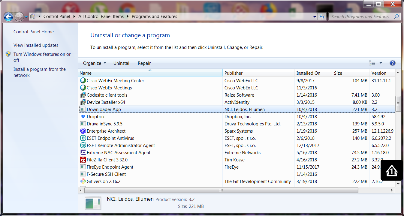 Uninstall or change a program screen from the Windows 7 Control Panel