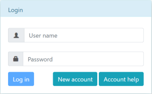 Login window with User name and Password fields and a Log in, New Account, and Account help buttons